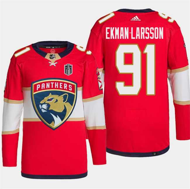 Men%27s Florida Panthers #91 Oliver Ekman-Larsson Red 2024 Stanley Cup Final Patch Stitched Jersey Dzhi